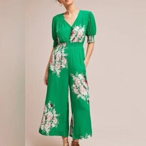 Tracy Reese x Anthropologie Longwood Green Floral Wide Leg Jumpsuit US 8